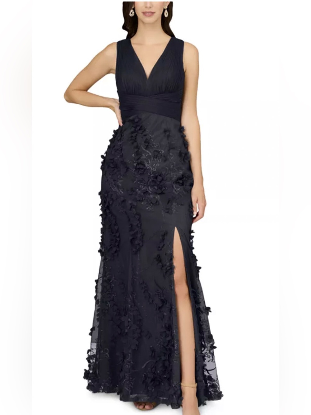 Aidan Mattox Navy V-Neck Appliqué Maxi Dress with Side Slit